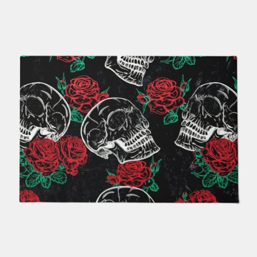 Skulls and Red Roses  Modern Gothic Glam Grunge Doormat