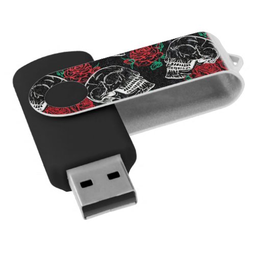 Skulls and Red Roses  Modern Gothic Glam Grunge Flash Drive