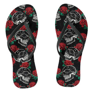 Skulls and Red Roses Modern Gothic Glam Grunge Flip Flops