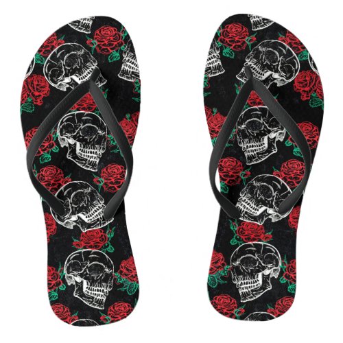Skulls and Red Roses  Modern Gothic Glam Grunge Flip Flops