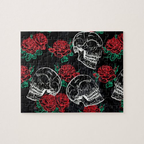 Skulls and Red Roses  Modern Gothic Glam Grunge Jigsaw Puzzle