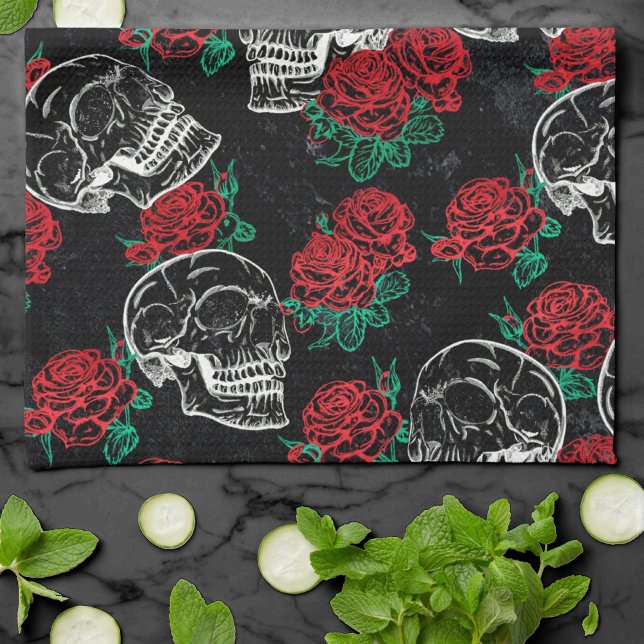 Skulls and Red Roses | Modern Gothic Glam Grunge Kitchen Towel (Creator Uploaded)