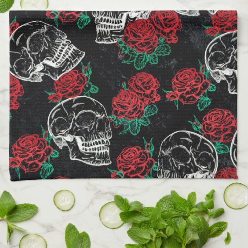 Skulls and Red Roses  Modern Gothic Glam Grunge Kitchen Towel