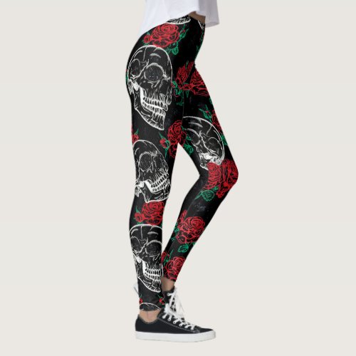 Skulls and Red Roses  Modern Gothic Glam Grunge Leggings