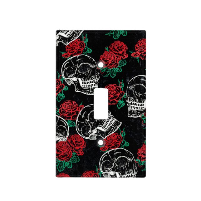 Skulls and Red Roses | Modern Gothic Glam Grunge Light Switch Cover (Front)