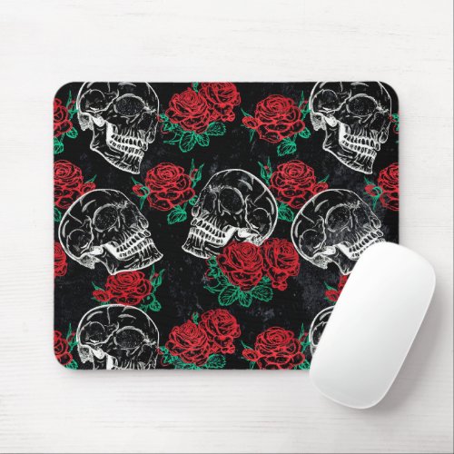 Skulls and Red Roses  Modern Gothic Glam Grunge Mouse Pad