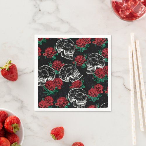 Skulls and Red Roses  Modern Gothic Glam Grunge Napkins