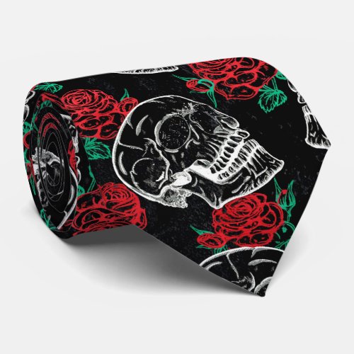 Skulls and Red Roses  Modern Gothic Glam Grunge Neck Tie