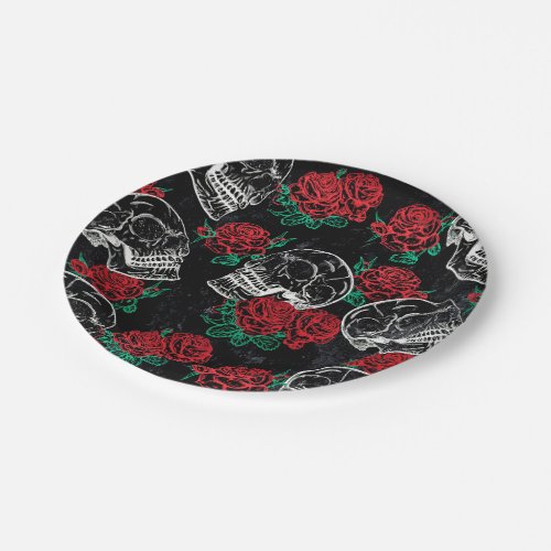 Skulls and Red Roses  Modern Gothic Glam Grunge Paper Plates
