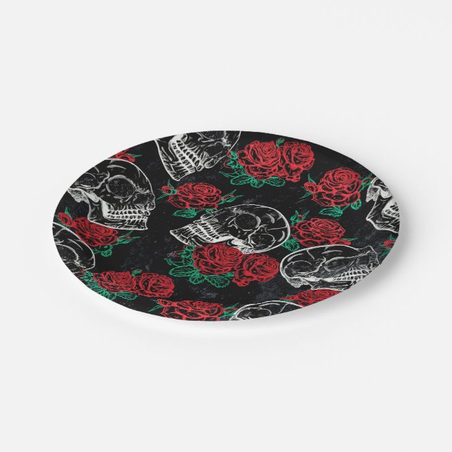 Skulls and Red Roses | Modern Gothic Glam Grunge Paper Plates (Angled)