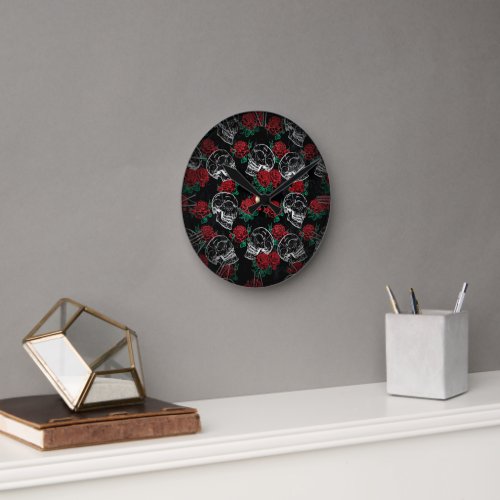 Skulls and Red Roses  Modern Gothic Glam Grunge Round Clock