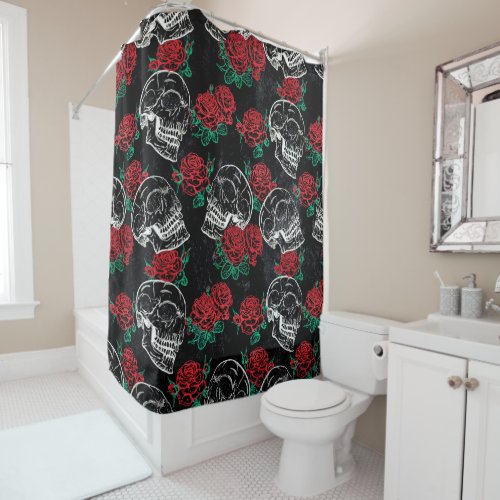 Skulls and Red Roses  Modern Gothic Glam Grunge Shower Curtain