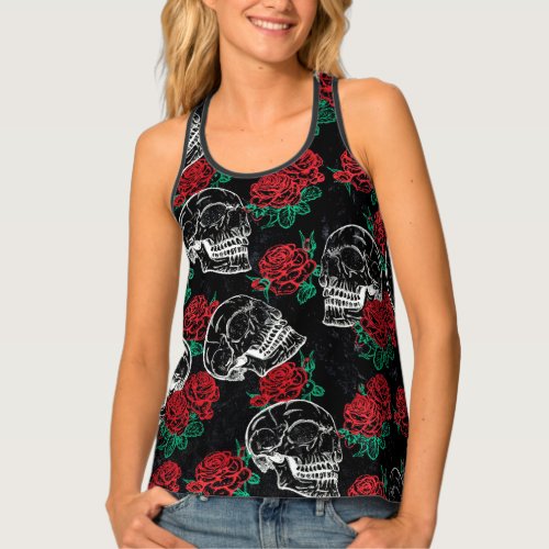 Skulls and Red Roses  Modern Gothic Glam Grunge Tank Top