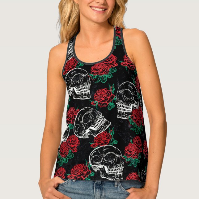Skulls and Red Roses | Modern Gothic Glam Grunge Tank Top (Front)
