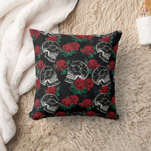 Skulls and Red Roses  Modern Gothic Glam Grunge Throw Pillow