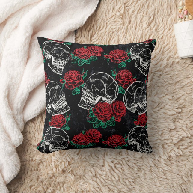 Skulls and Red Roses | Modern Gothic Glam Grunge Throw Pillow (Blanket)