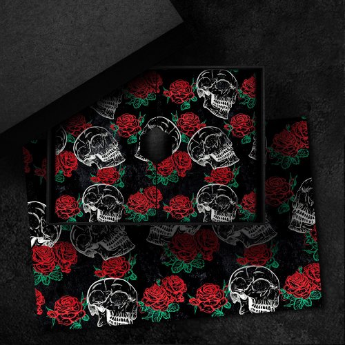 Skulls and Red Roses  Modern Gothic Glam Grunge Tissue Paper