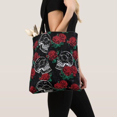 Skulls and Red Roses  Modern Gothic Glam Grunge Tote Bag