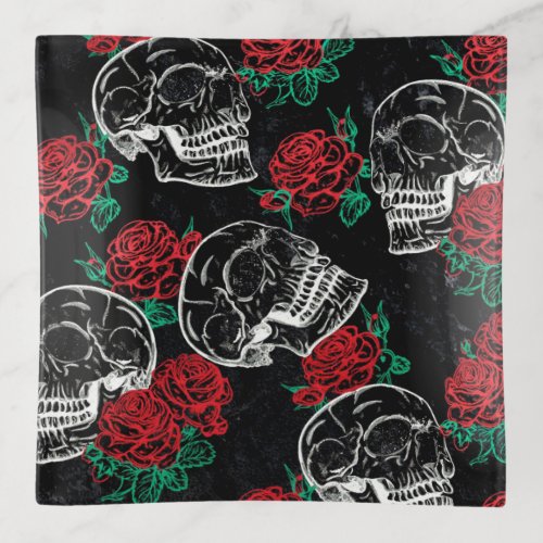 Skulls and Red Roses  Modern Gothic Glam Grunge Trinket Tray