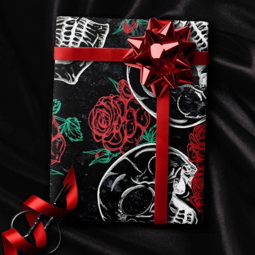 Skulls and Red Roses  Modern Gothic Glam Grunge Wrapping Paper