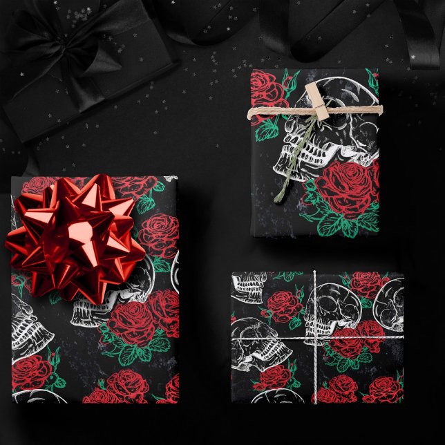 Skulls and Red Roses | Modern Gothic Glam Grunge Wrapping Paper Sheets (Creator Uploaded)