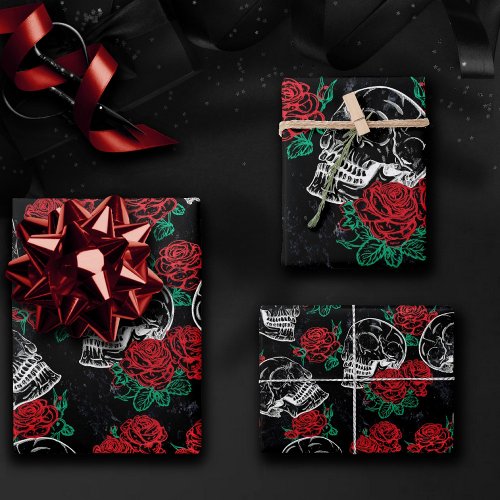 Skulls and Red Roses  Modern Gothic Glam Grunge Wrapping Paper Sheets