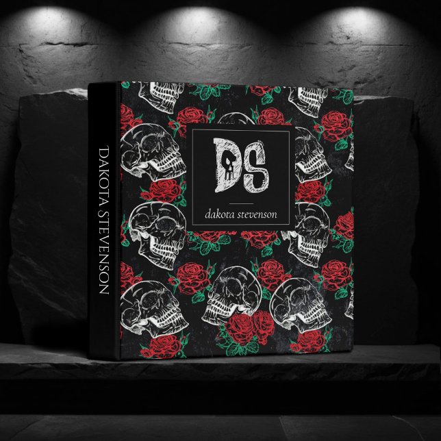 Skulls and Red Roses | Modern Gothic Glam Monogram 3 Ring Binder (Creator Uploaded)
