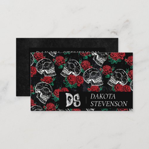 Skulls and Red Roses  Modern Gothic Glam Monogram Business Card