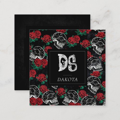 Skulls and Red Roses  Modern Gothic Glam Monogram Square Business Card