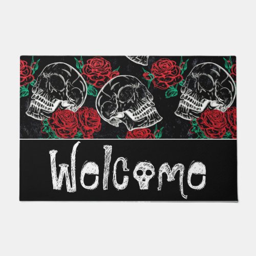 Skulls and Red Roses  Modern Gothic Glam Welcome Doormat