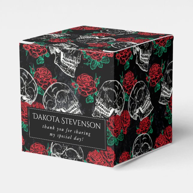 Skulls and Red Roses | Modern Gothic Thank You Favor Boxes (Front Side)