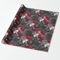 Skulls and Red Roses on Grey Wrapping Paper