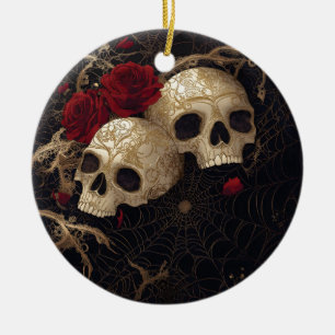 Skulls and red roses style design ceramic ornament