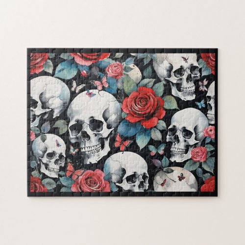 Skulls and Red Roses with Butterflies Black Jigsaw Puzzle