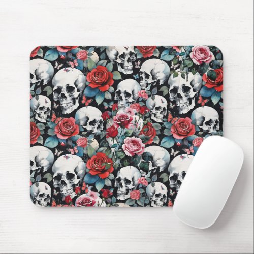 Skulls and Red Roses with Butterflies Mouse Pad
