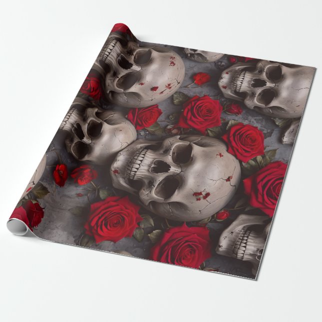 Skulls And Red Roses Wrapping Paper (Unrolled)
