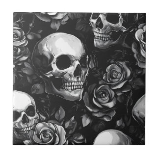 Skulls And Roses Black Gothic Ceramic Tile