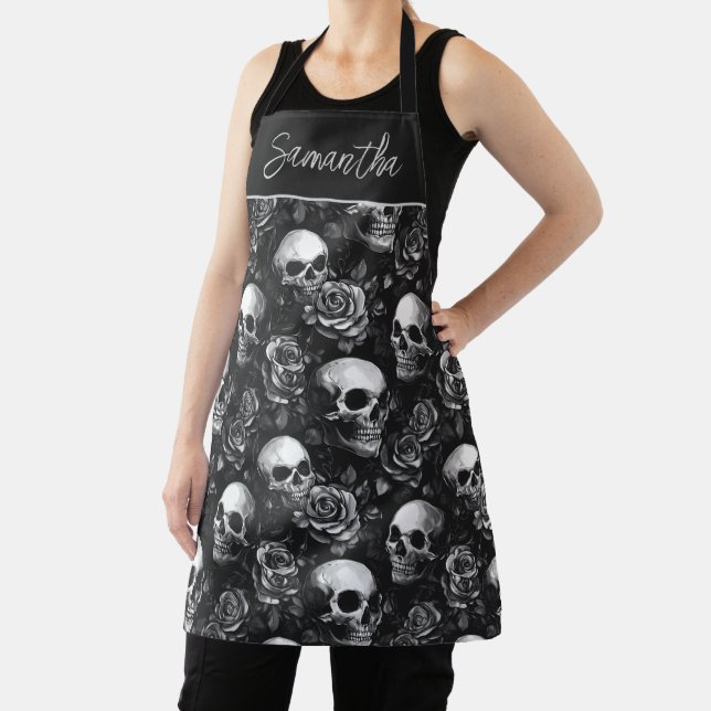 Skulls And Roses Black Halloween Apron (Insitu)