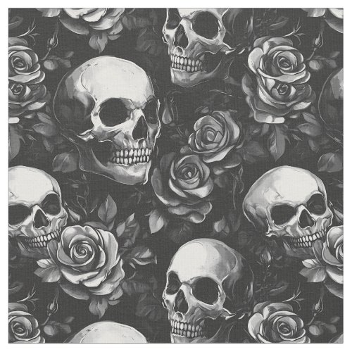 Skulls And Roses Black Halloween Fabric