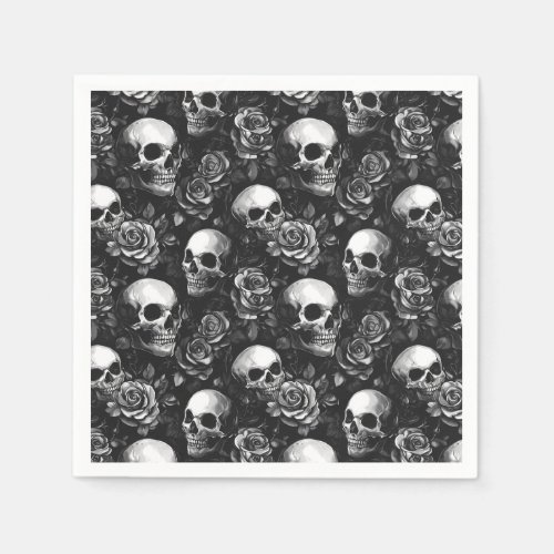 Skulls And Roses Black Halloween Napkins