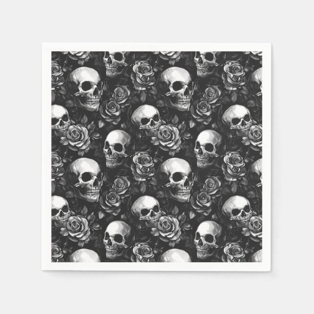 Skulls And Roses Black Halloween Napkins (Front)