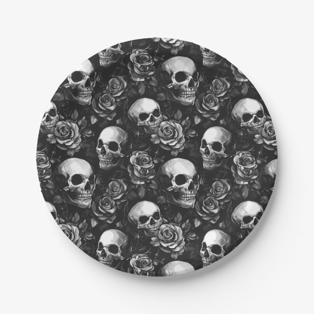 Skulls And Roses Black Halloween Paper Plates (Front)