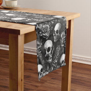 Skulls And Roses Black Halloween Short Table Runner