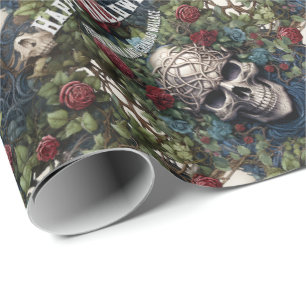 Skulls and Roses Blue Floral Gothic Halloween Wrapping Paper