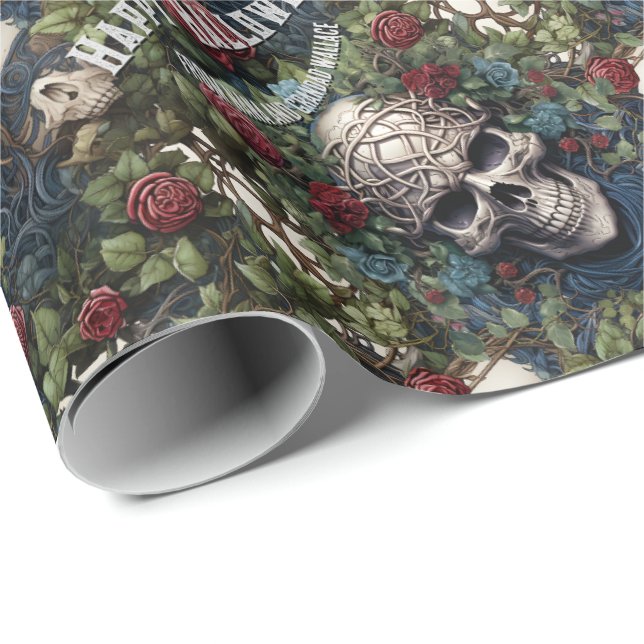 Skulls and Roses Blue Floral Gothic Halloween Wrapping Paper (Roll Corner)