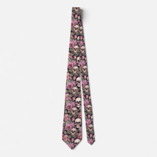 Skulls and roses neck tie