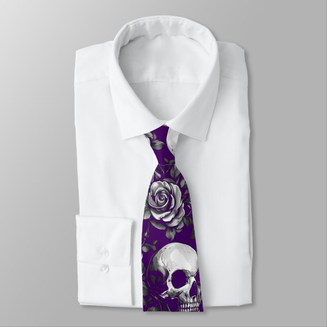 Skulls And Roses Purple Halloween Neck Tie (Tied)