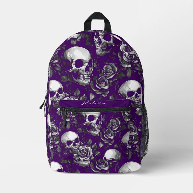Skulls And Roses Purple  Printed Backpack (Front)