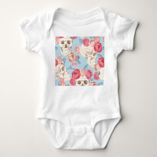 Skulls and Roses Vintage Pattern Baby Bodysuit (Front)