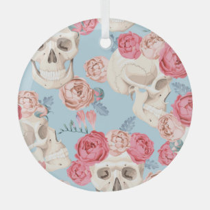 Skulls and Roses Vintage Pattern Glass Ornament